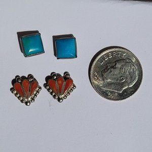 Vintage 2 Pairs Native American Turquoise and Red Coral Silver Stud Earrings